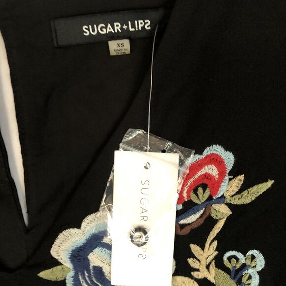 NWT Sugar + Lips Black Sheath Boho Dress, Long-Sleeve Floral Embroidery Size XS - Picture 2 of 9